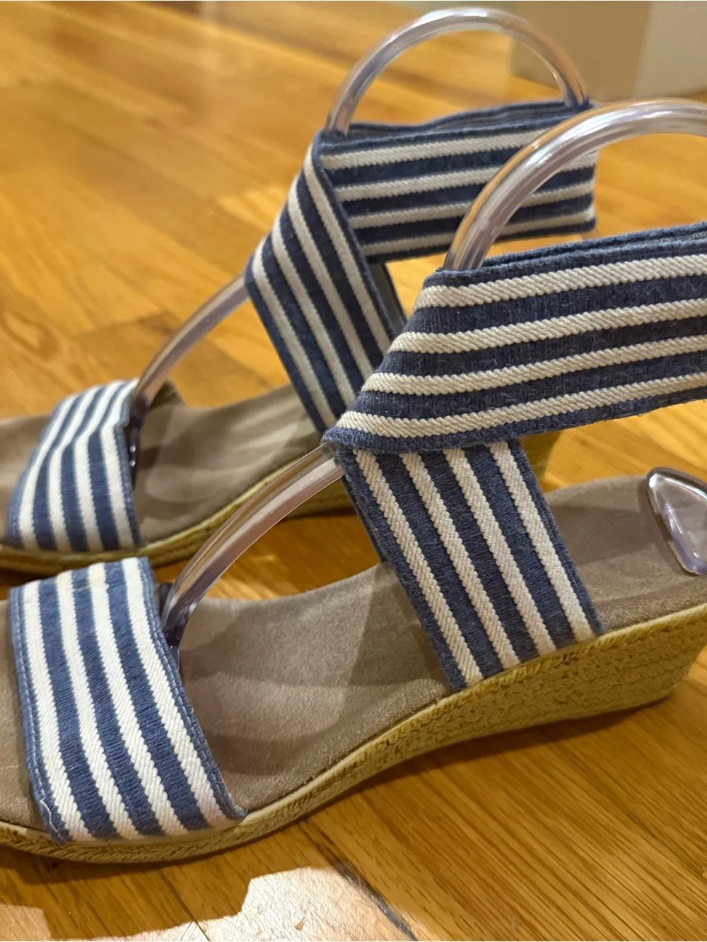 CHARLESTON SHOE CO. French Blue & White Striped Elastic Espadrille Wedge Sandals